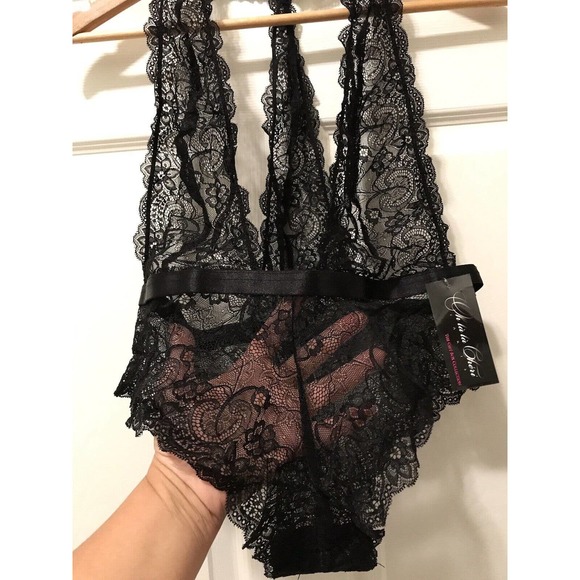 Plunging Lace Halter Teddy with Halter Back, Sexy Lingerie, Black, Size 1X-2X - Picture 2 of 15